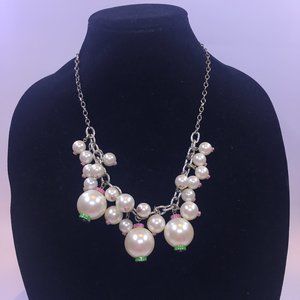 Silver Tone Chain Ivory Glass Bauble Bead Necklace